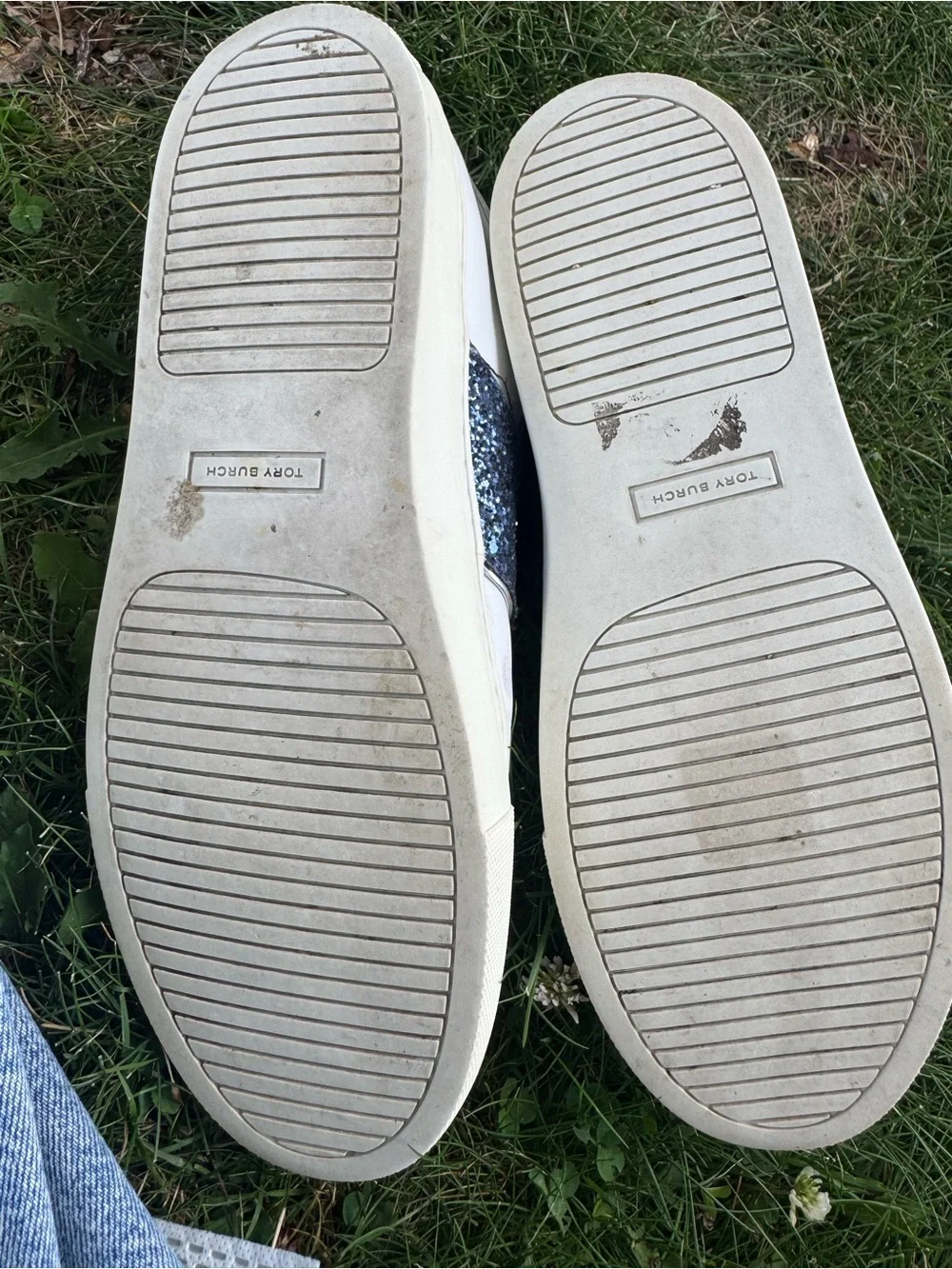 Tory Burch White Leather Sneakers with Navy Glitter Panels